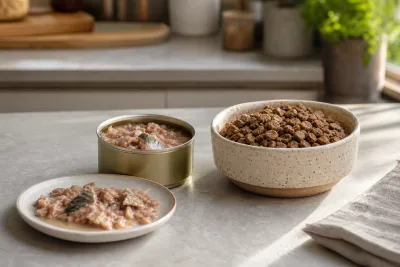 Assortiment de nourriture féline : boîte ouverte de pâtée au poisson et bol de croquettes posés sur un plan de travail