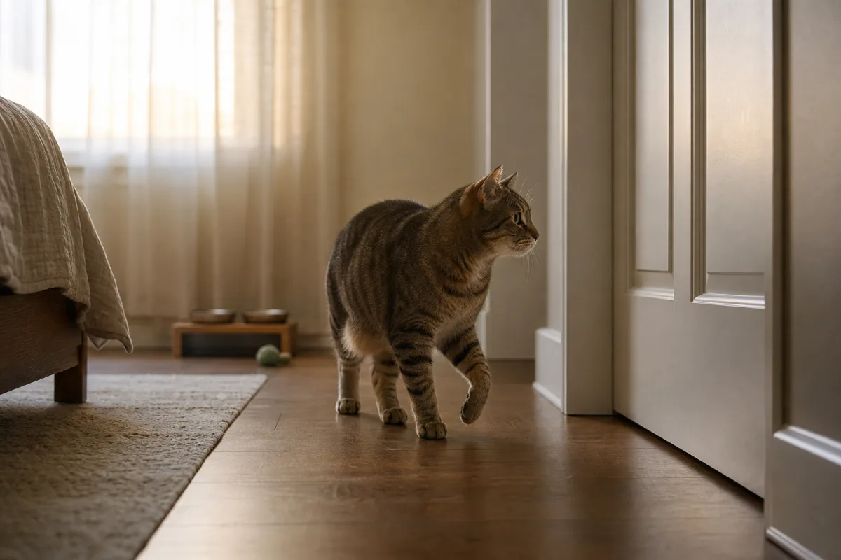 Chat actif à l’aube près d’une porte de chambre fermée, station de nourriture et jouet visibles en arrière-plan