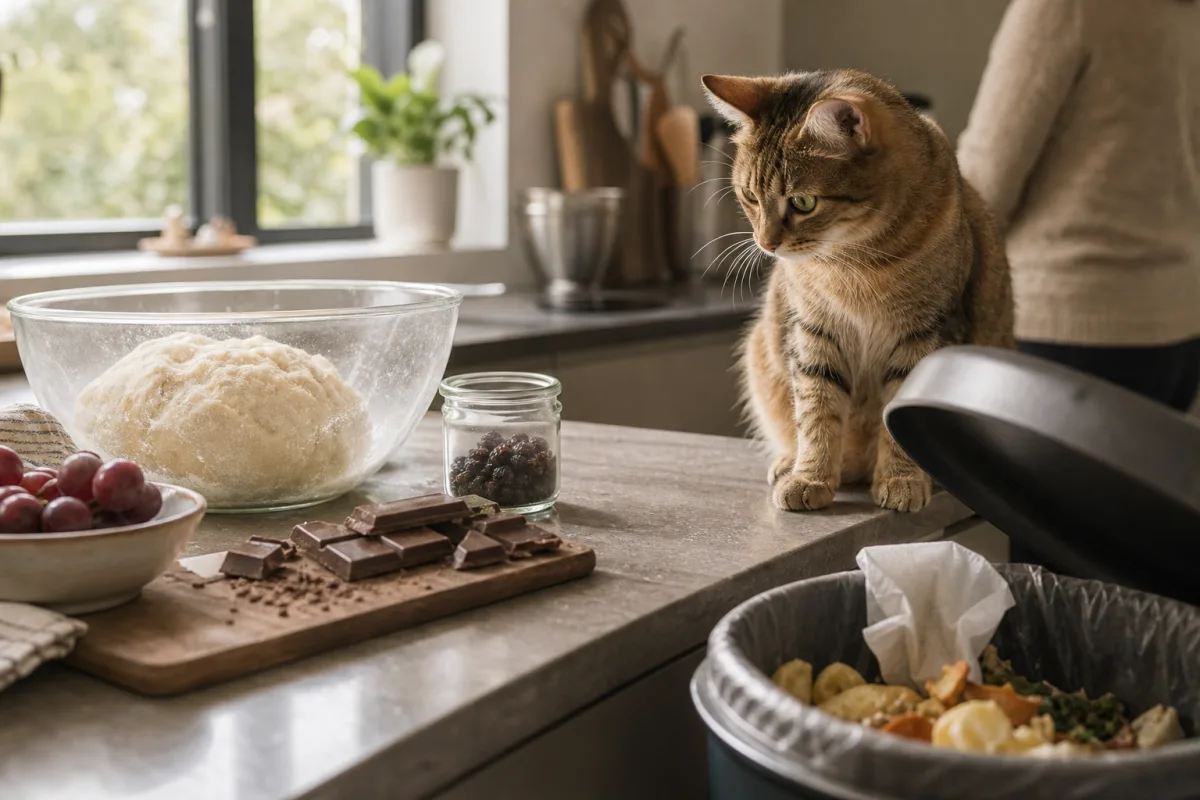 Plan de travail de cuisine avec pâte crue dans un bol, tablette de chocolat, bocal de raisins et poubelle ouverte, chat en arrière-plan
