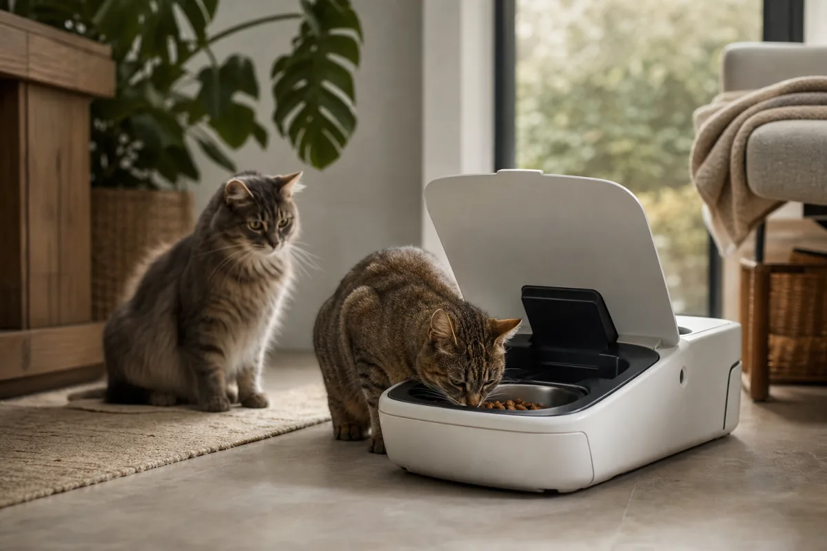 Gamelle RFID au sol : une tête de chat passe sous le couvercle ouvert, un second chat attend en retrait