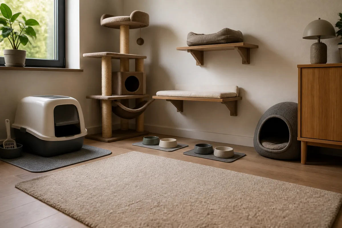 Pièce d’accueil pour chaton avec litière, gamelles, couchage en hauteur et cachette fermée