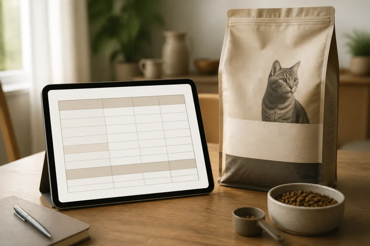 Feuille de calcul du coût pour 1 000 kcal à côté d’un sac de croquettes 4 kg