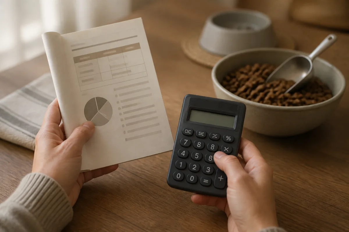 Main faisant le calcul de conversion en matière sèche sur une étiquette de croquettes