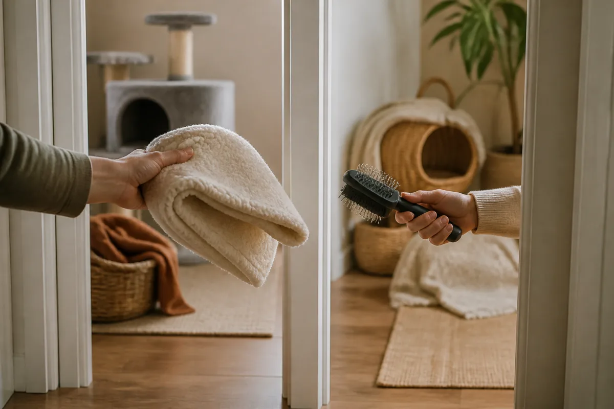 Main tenant une couverture transférée entre deux pièces pour échange d’odeur entre chats