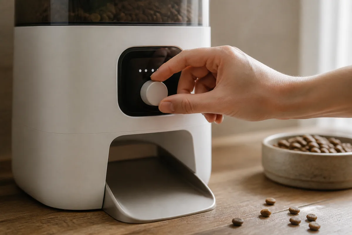 Main ajustant le réglage d’un distributeur automatique de croquettes, vue rapprochée du cadran et des croquettes