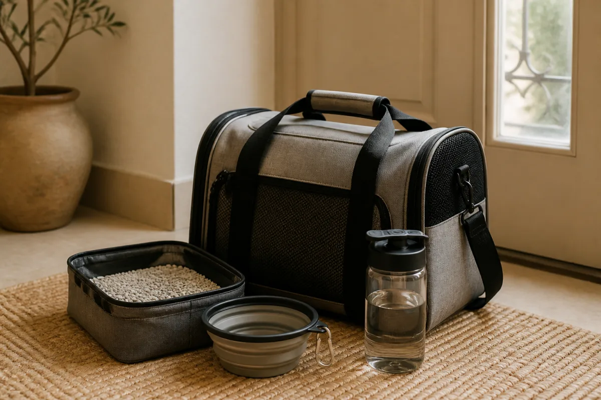 Sac de voyage pour chat prêt près de la porte avec litière, gamelles et checklist cochée
