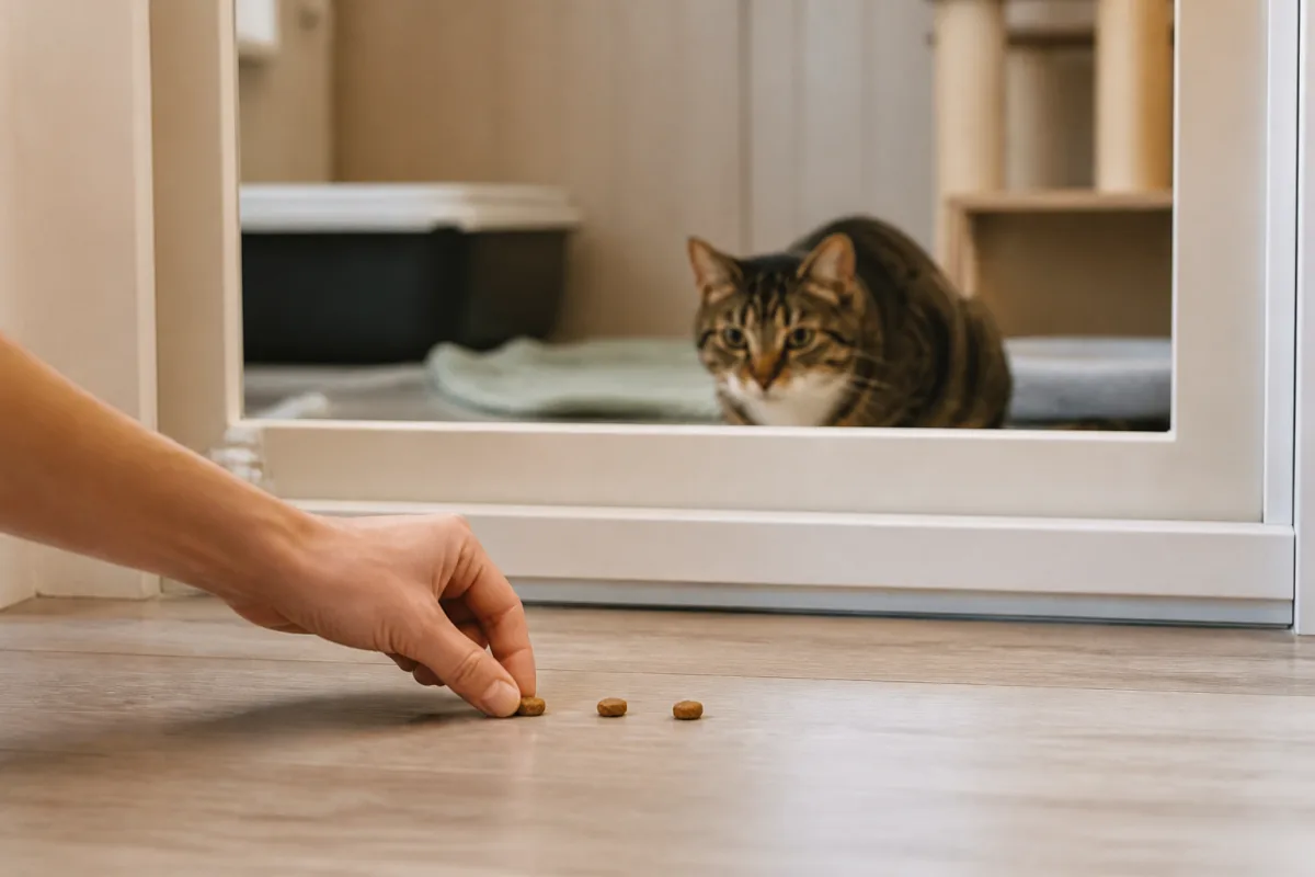 Main posant trois friandises à 20 cm d’un chat séparé par une barrière basse