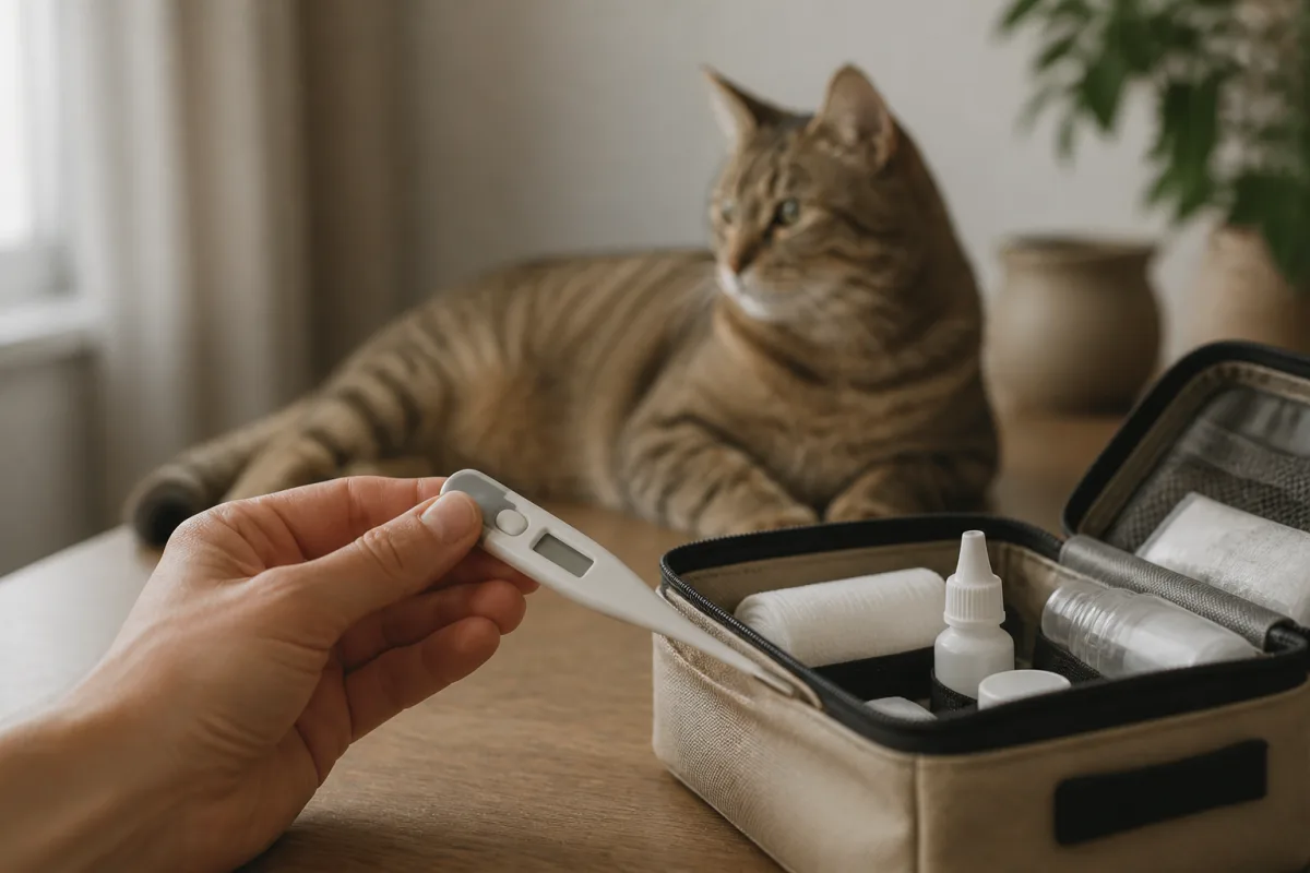 Thermomètre électronique tenu près d’une trousse vétérinaire, chat calme en arrière-plan