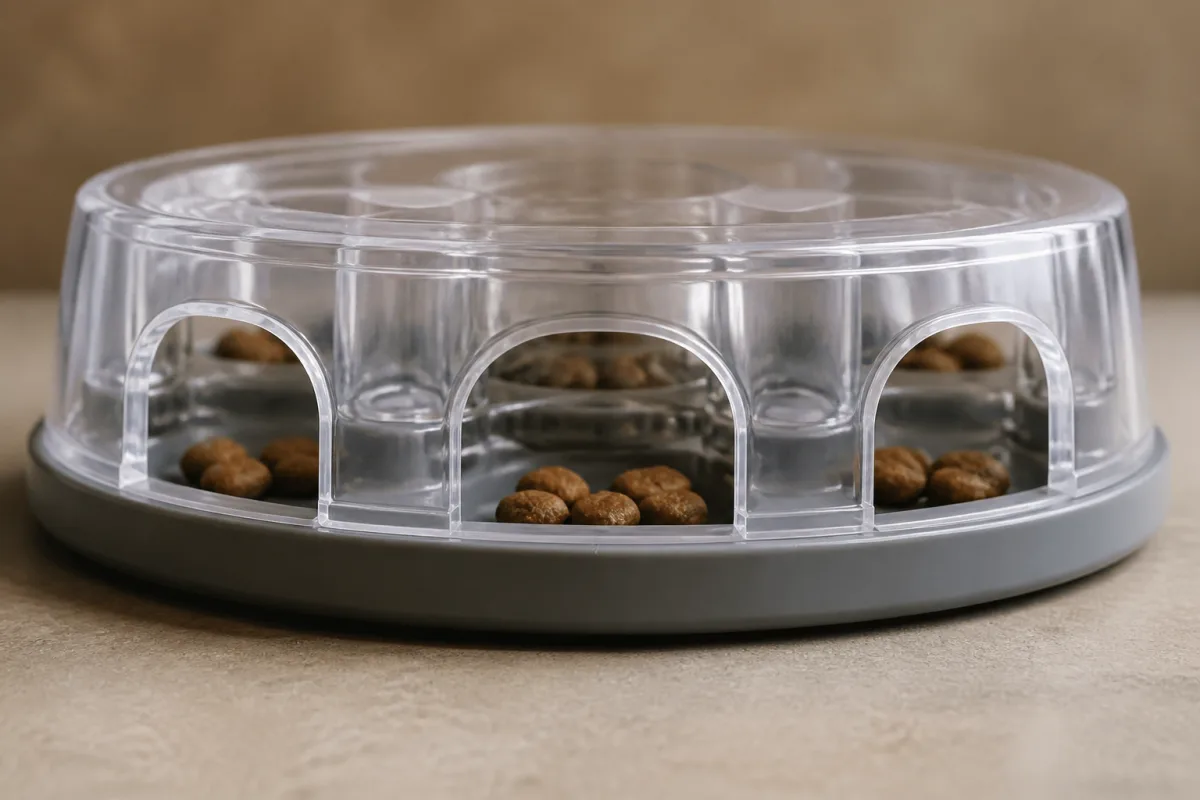 Vue rapprochée d’un distributeur transparent avec trois trous larges et croquettes visibles en intérieur