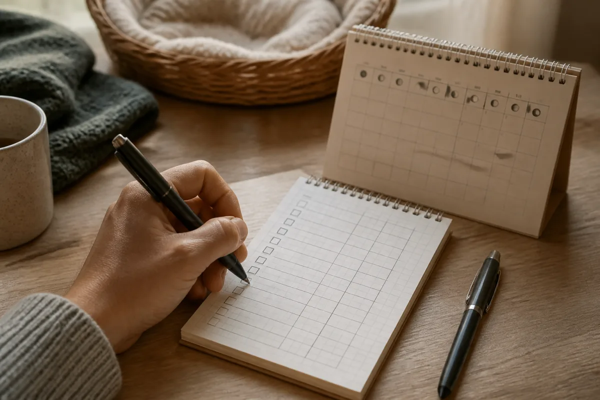 Main écrivant une checklist 14 jours sur un carnet, calendrier marqué J0-J14