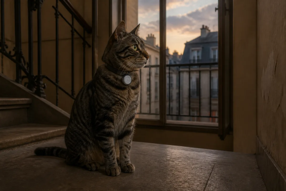 Chat portant un collier GPS sur un palier d’immeuble au crépuscule