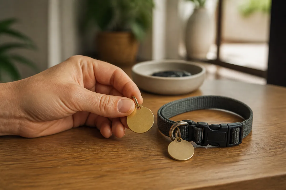 Étiquette d’identification collée sur une caisse et collier avec coordonnées