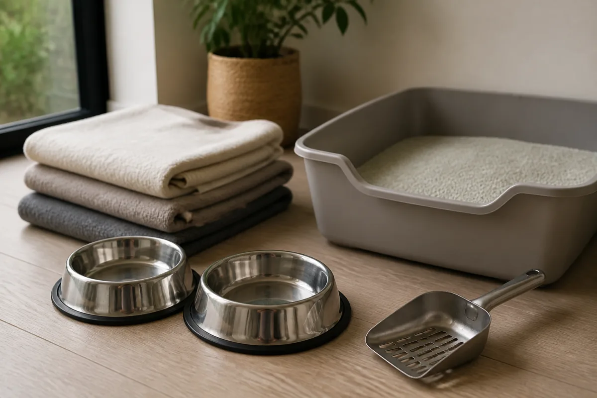 Gamelles inox, pelle à litière et linge lavable posés à côté d’un bac à litière