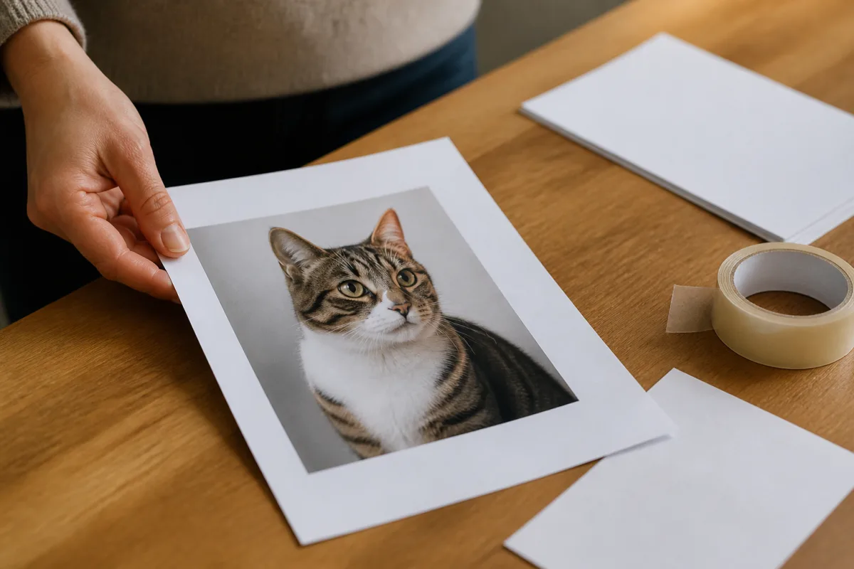 Fiche I‑CAD imprimée avec photo du chat et numéro d’identification posée sur une table avec feuilles A4 et ruban adhésif