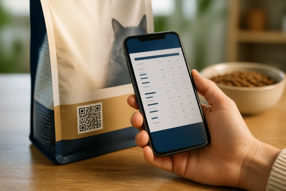 Smartphone scannant le QR code d’un paquet et affichant les analyses de lot