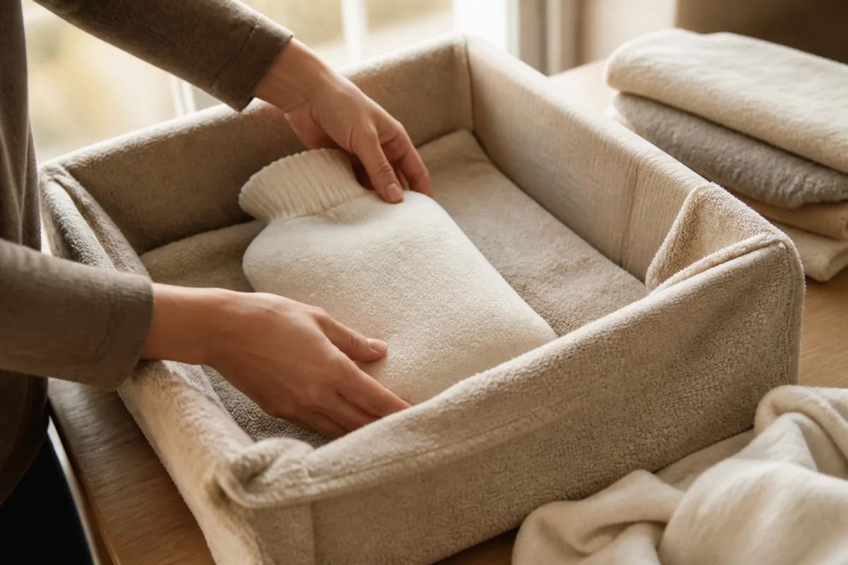 Bouillotte enveloppée dans une caisse avec serviettes et thermomètre d’ambiance