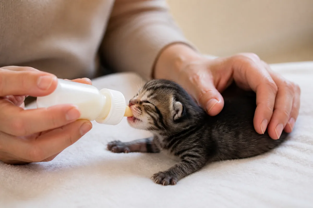 Main donnant un biberon spécial chaton avec le chaton posé sur le ventre