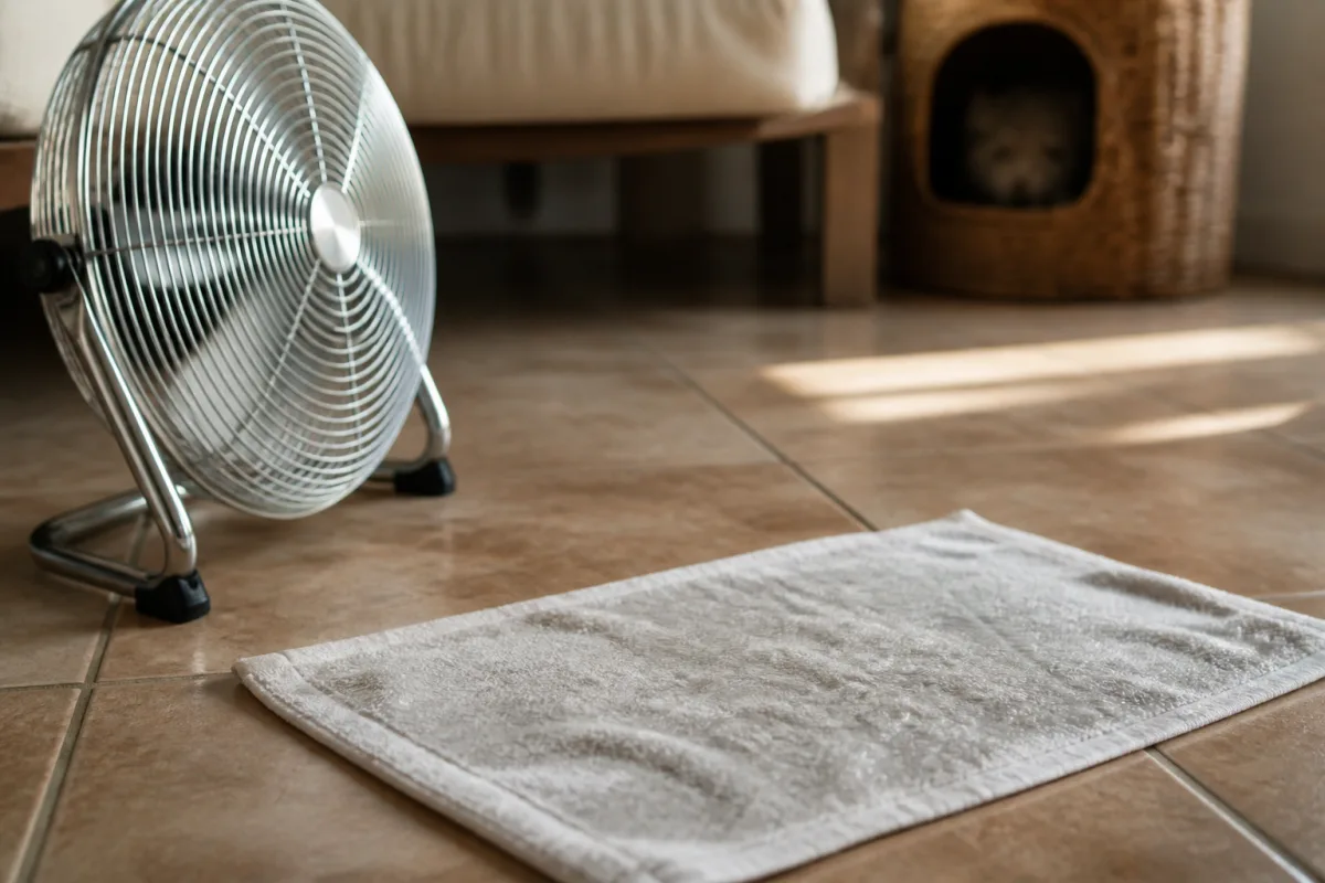 Ventilateur à distance et serviette humide sur carrelage