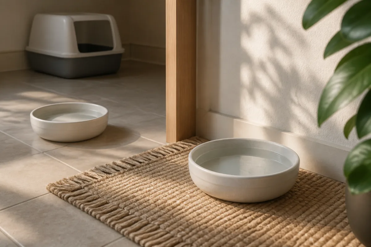Deux bols en porcelaine posés à l’ombre, éloignés d’une litière