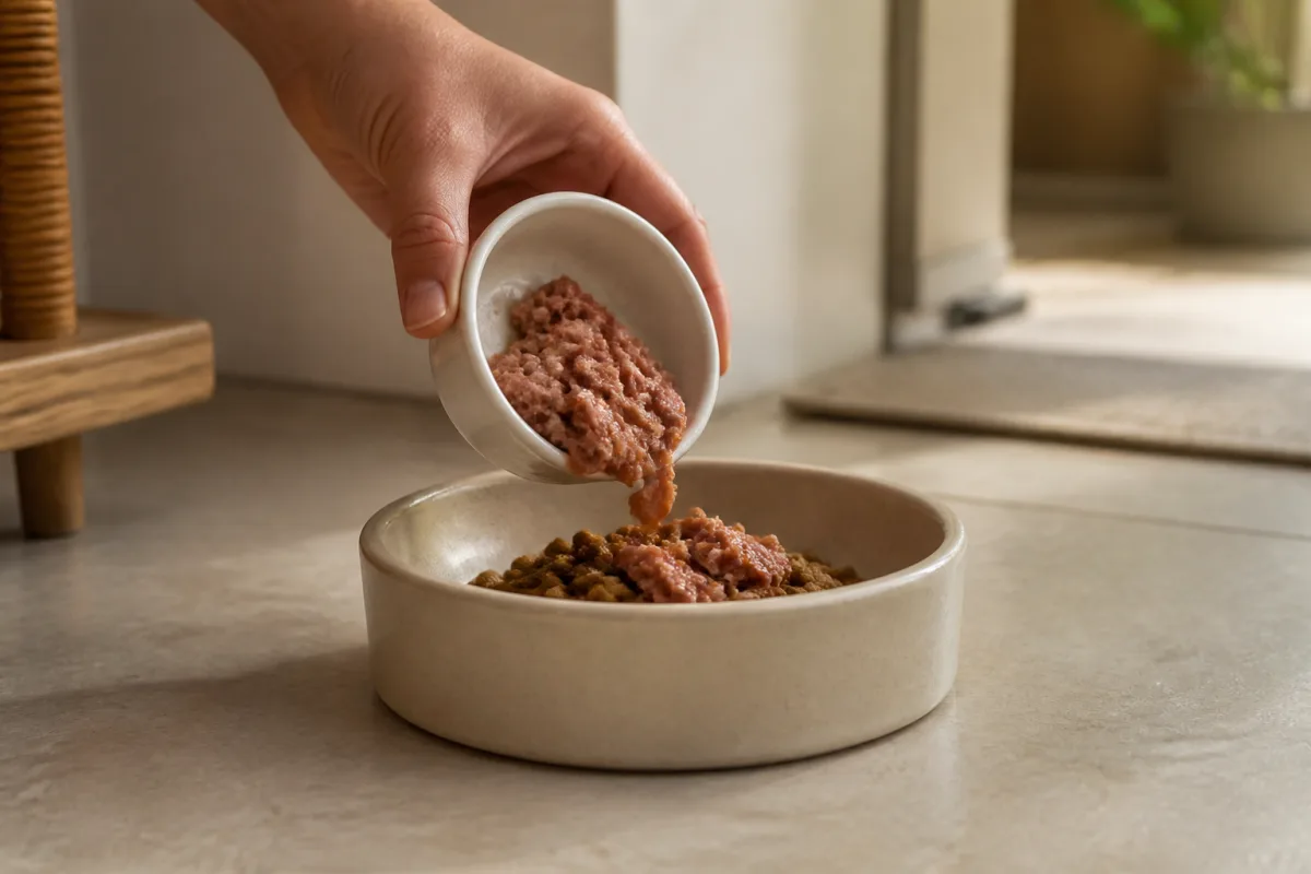 Main ajoutant une petite portion de pâtée humide aux croquettes dans une gamelle