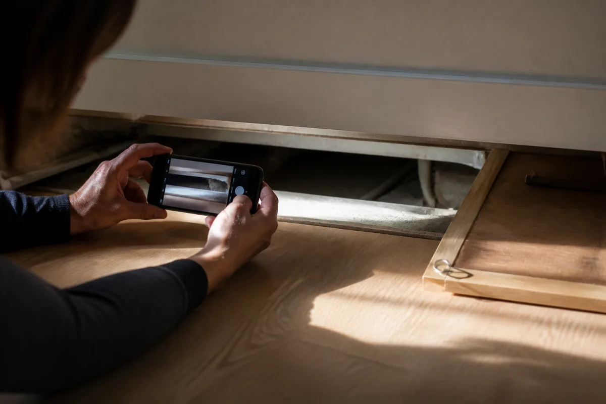 Photographie d’un sous-plinthe et d’une trappe ouverte prise à la lumière rasante