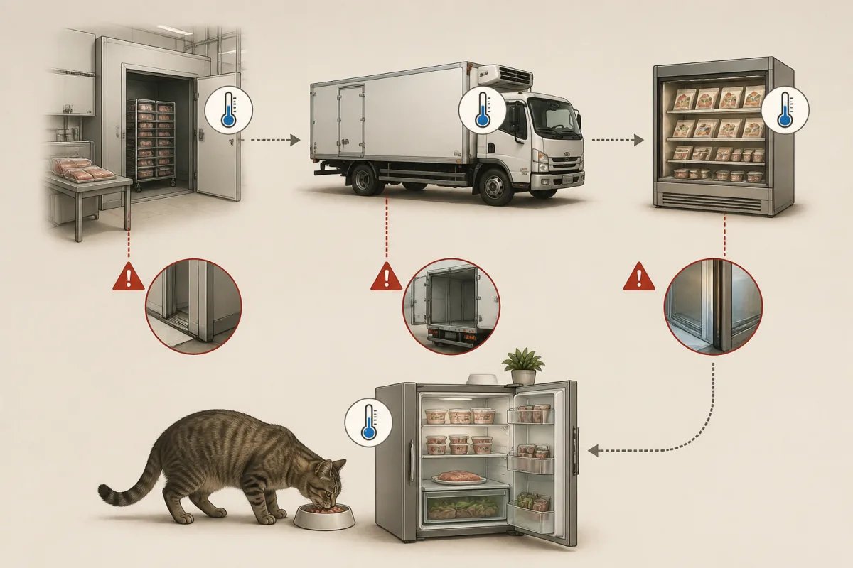 Schéma de la chaîne du froid pour aliments réfrigérés : usine, camion, magasin, réfrigérateur domestique et thermomètres