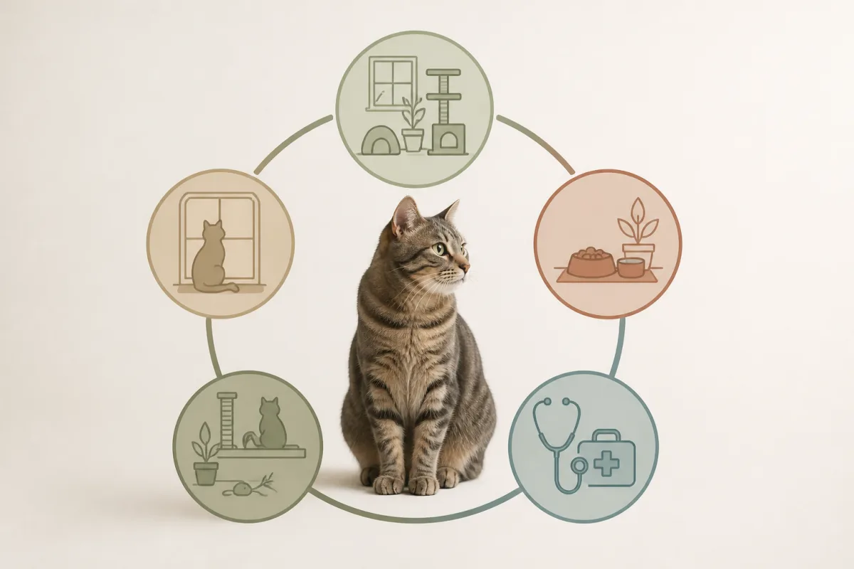 Schéma des Five Domains : environnement, alimentation, santé, comportement, état mental