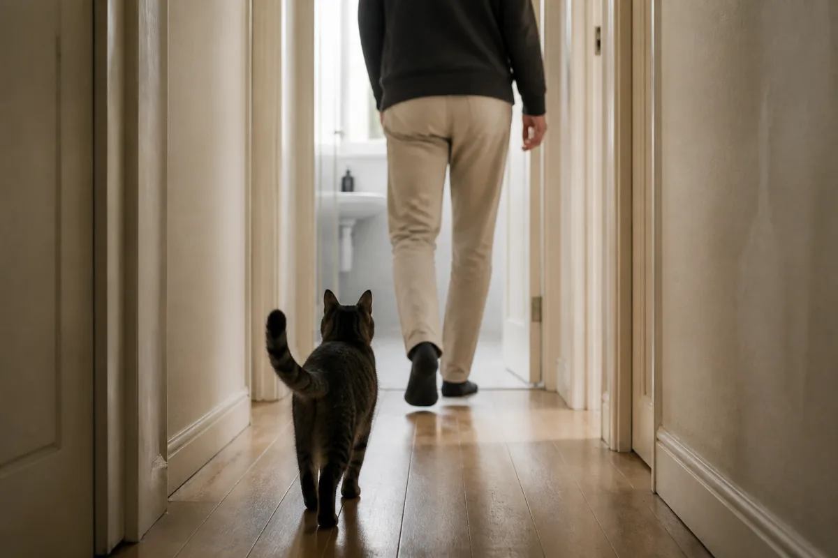 Personne marchant dans un couloir, chat suivant à distance constante