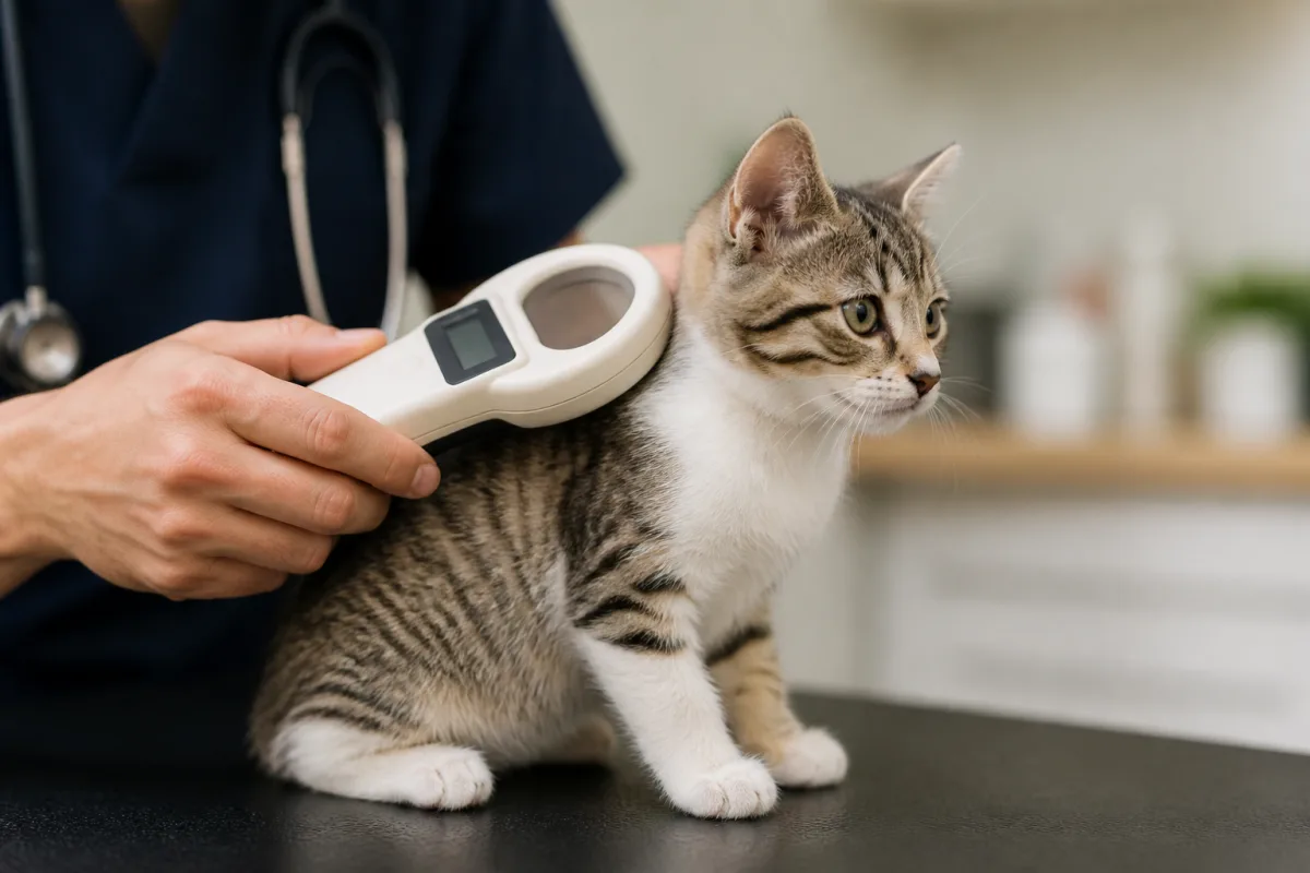 Vétérinaire scannant une puce électronique sur un jeune chaton
