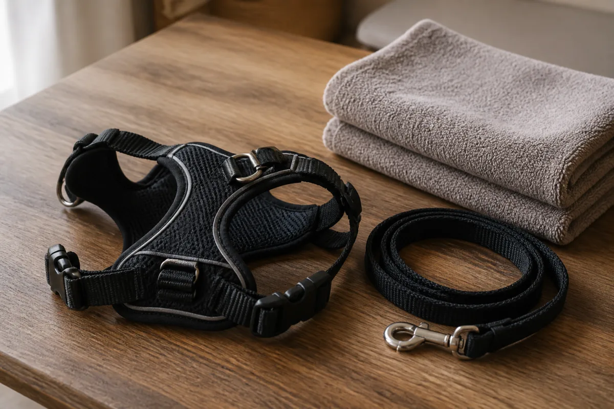 Harnais et laisse prêts sur une table, serviette à portée de main