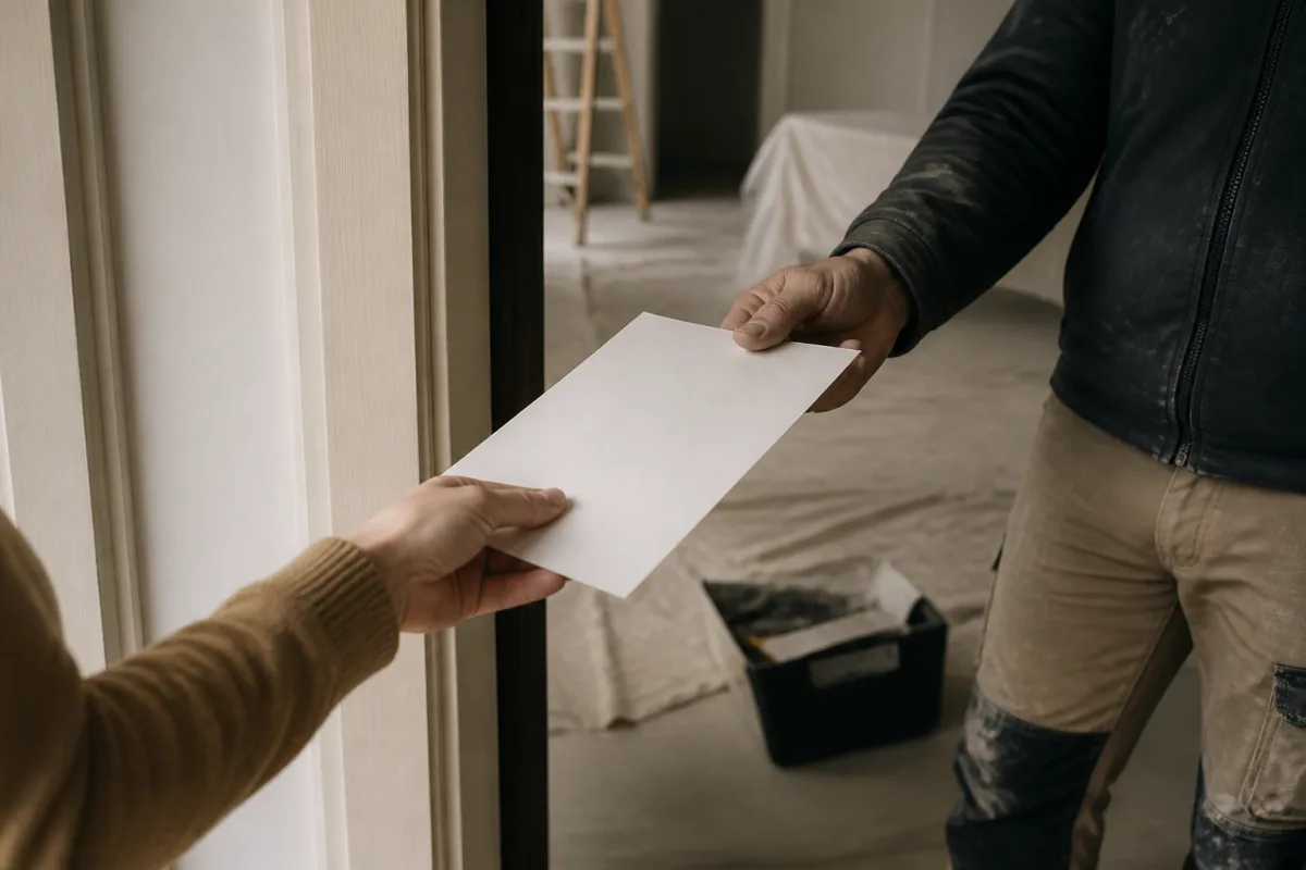 Feuillet de consignes remis à un artisan avec la mention « Vérifier coffrages avant fermeture »