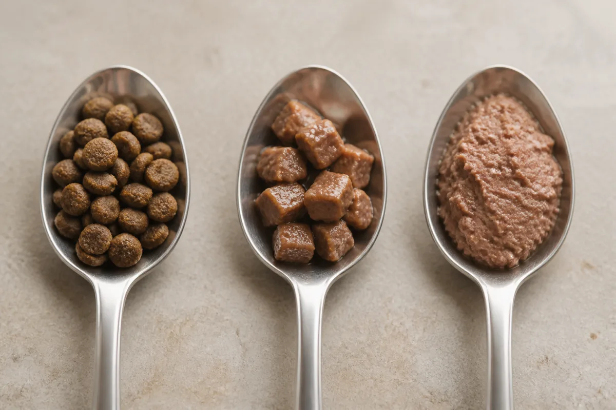 Trois cuillères comparant croquette sèche, croquette semi‑humide et pâtée