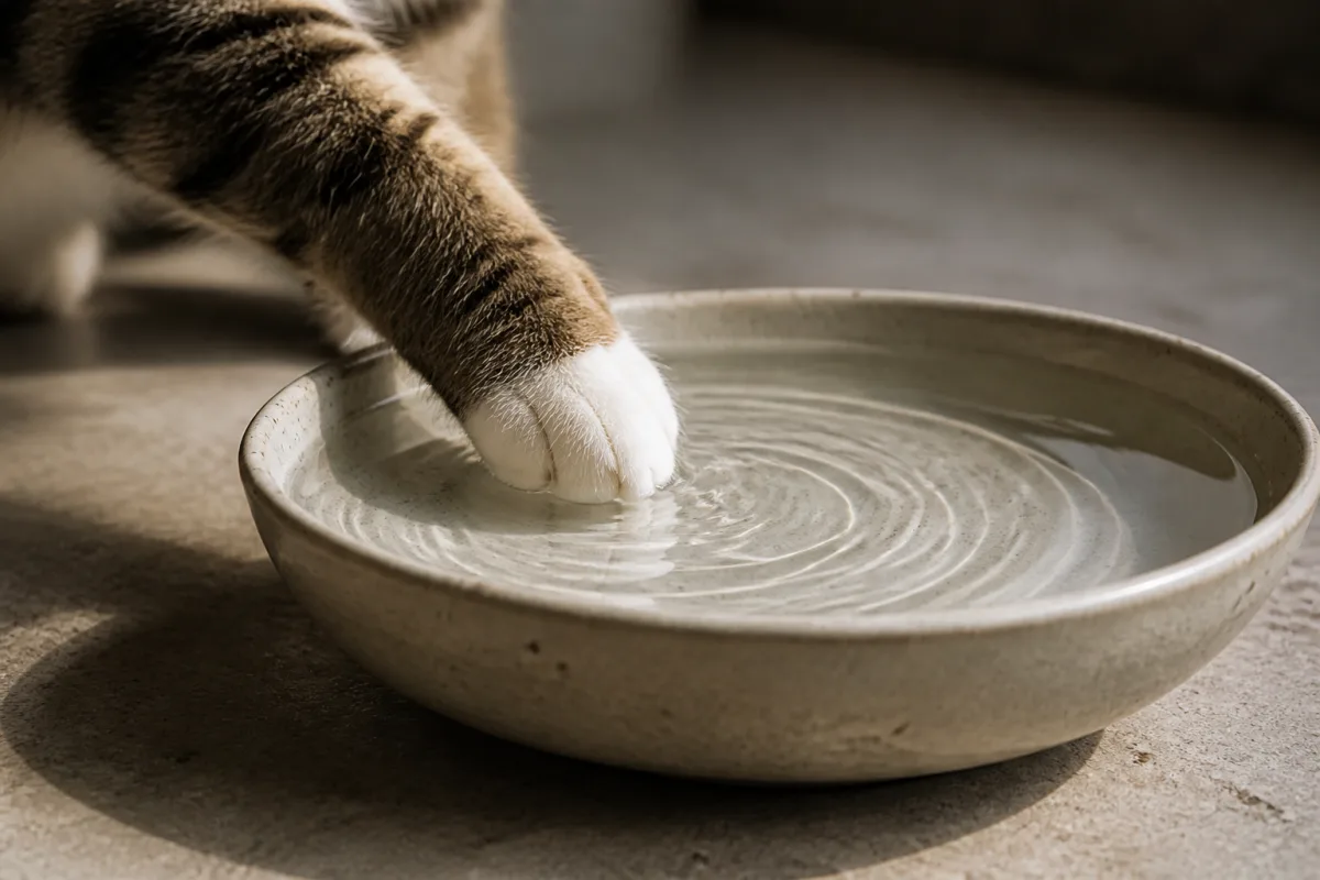 Gros plan sur patte de chat créant une micro-vague dans un bol peu profond