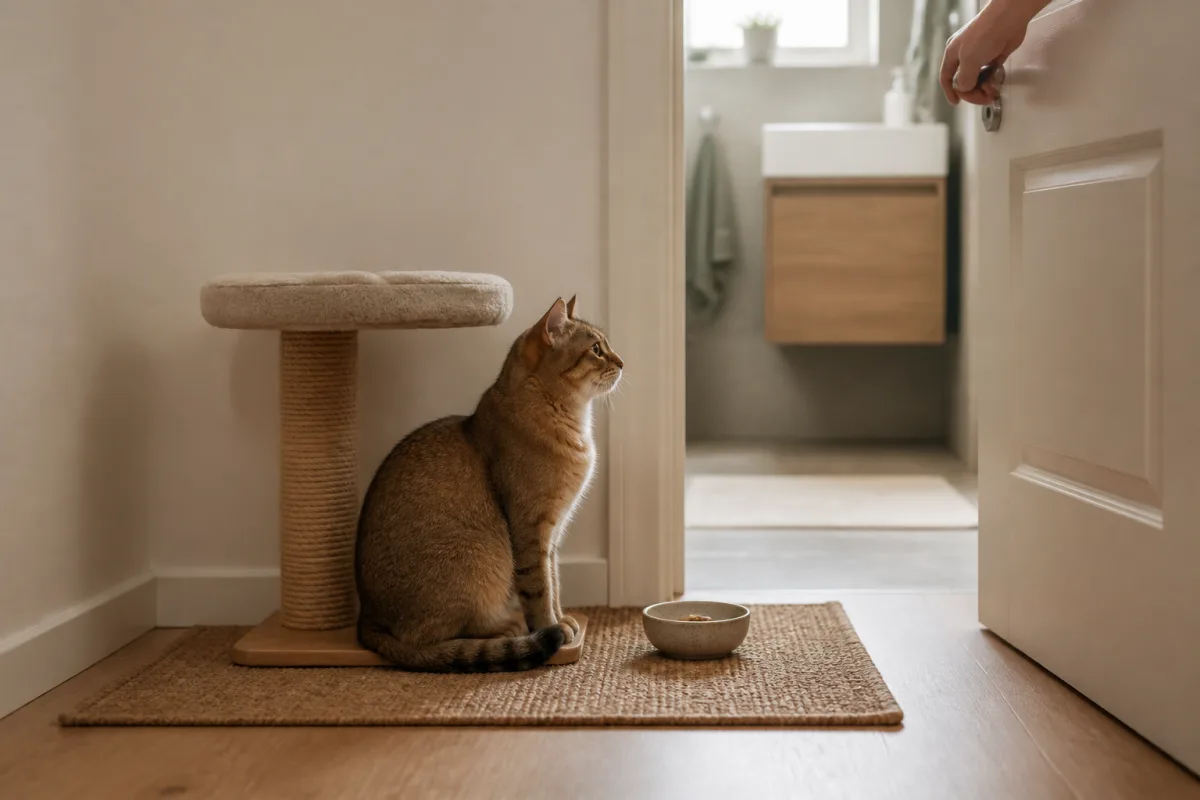 Tapis d’attente devant une porte de salle de bains avec gamelle de récompense et chat assis