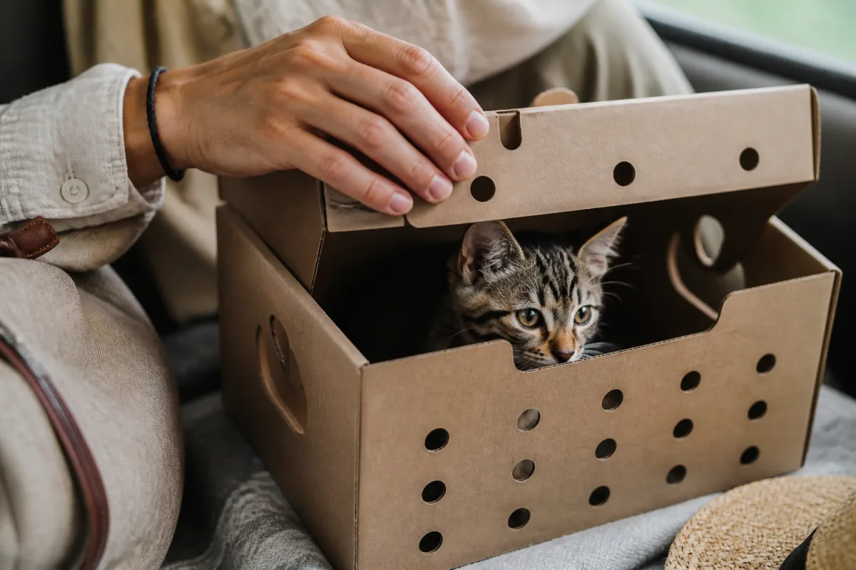 Main fermant un carton de transport ventilé avec un chaton à l’intérieur