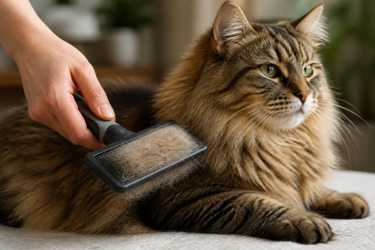 Main brossant un chat sibérien, poils accumulés sur la brosse