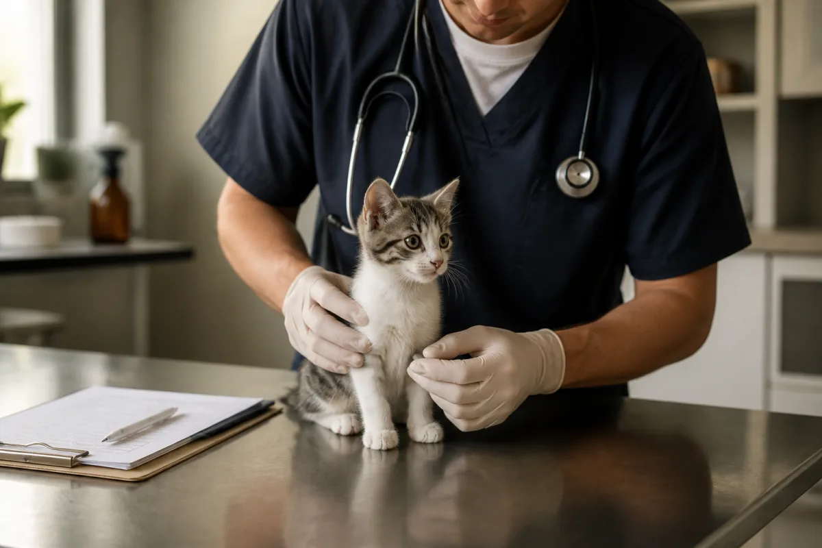 Chaton examiné sur une table vétérinaire avec documents d’examen à côté