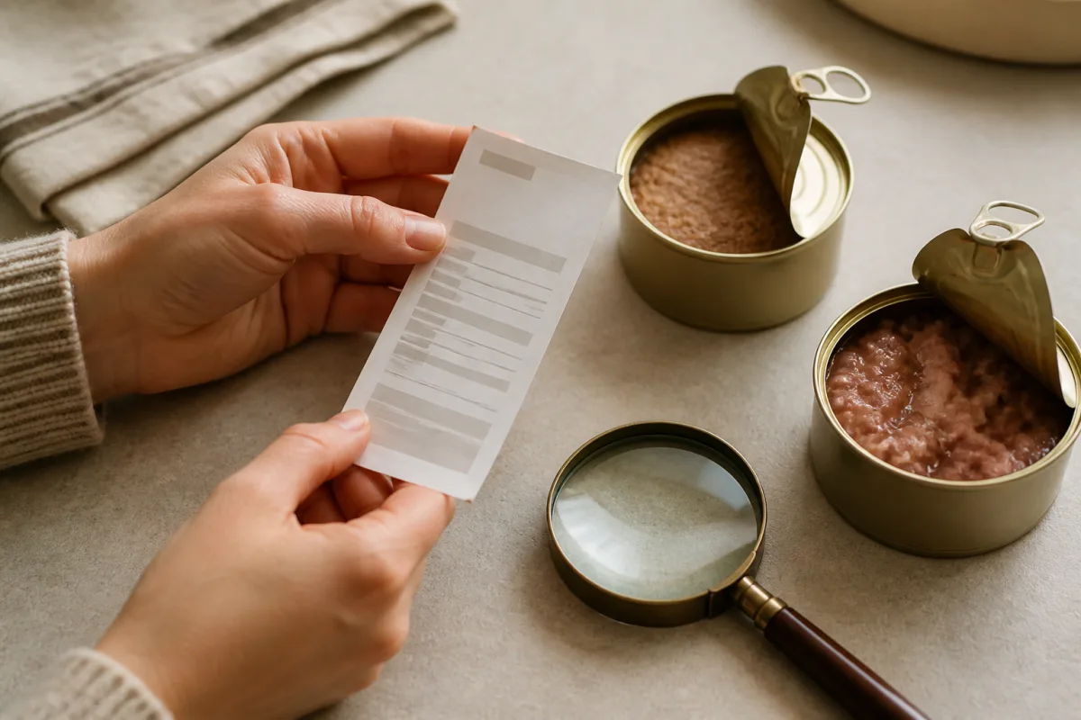 Main tenant une étiquette nutritionnelle à côté de pâtées ouvertes et d’une loupe
