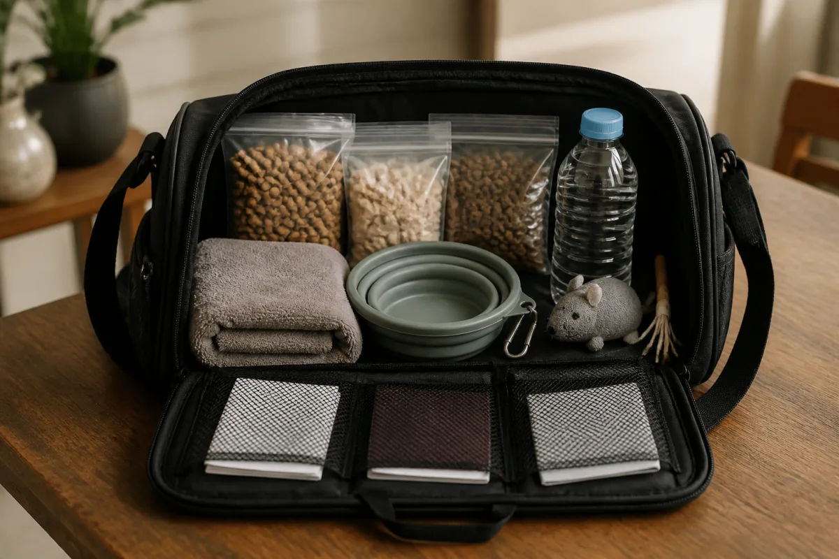 Sac d’évacuation ouvert montrant nourriture, eau, gamelle pliable et documents