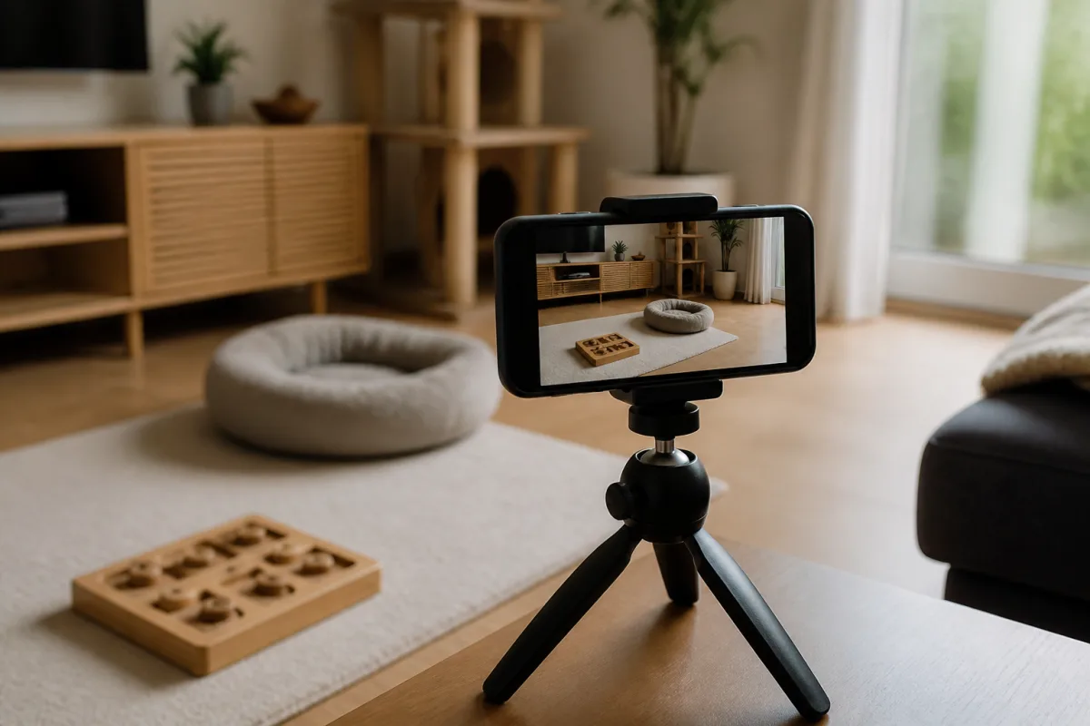 Smartphone sur trépied filmant un salon vide avec couchage et distributeur d’activité