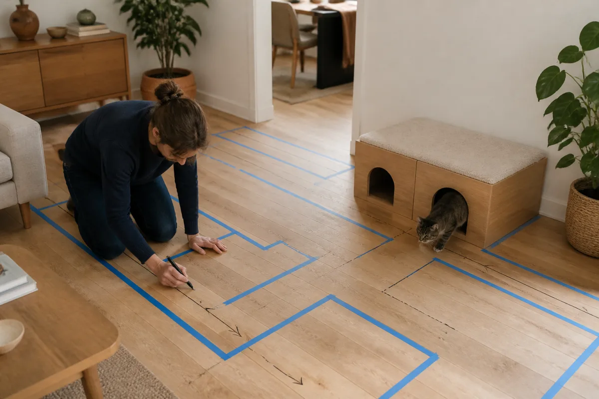 Personne marquant les trajectoires au sol et plaçant une cachette pour chat avec deux accès
