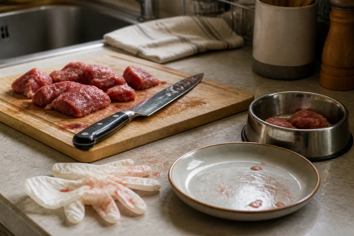 Plan rapproché : viande crue sur une planche, assiette humaine et gamelle de chat à proximité