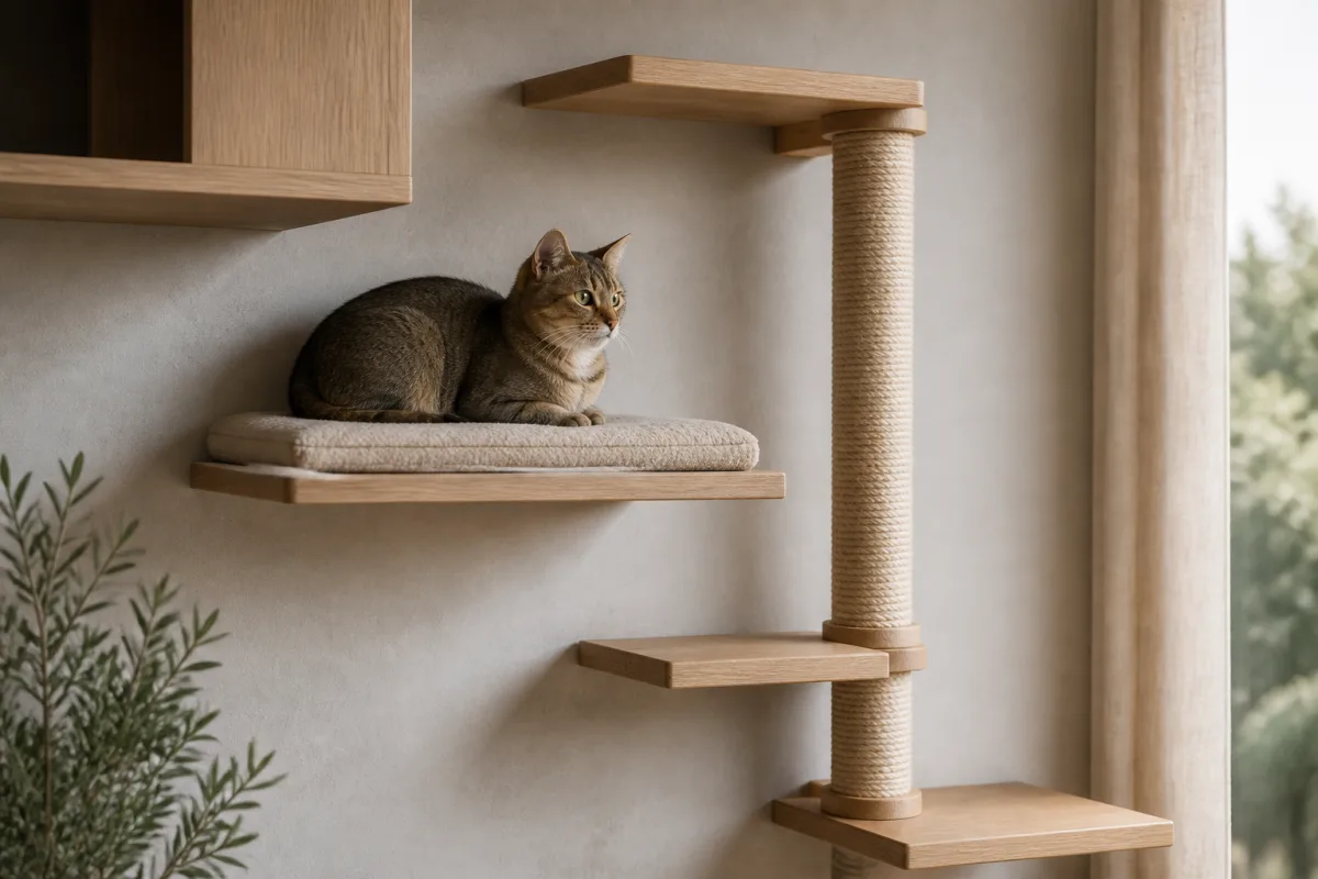 Aménagement vertical pour chat : étagères murales, plateforme de repos et poteau griffoir