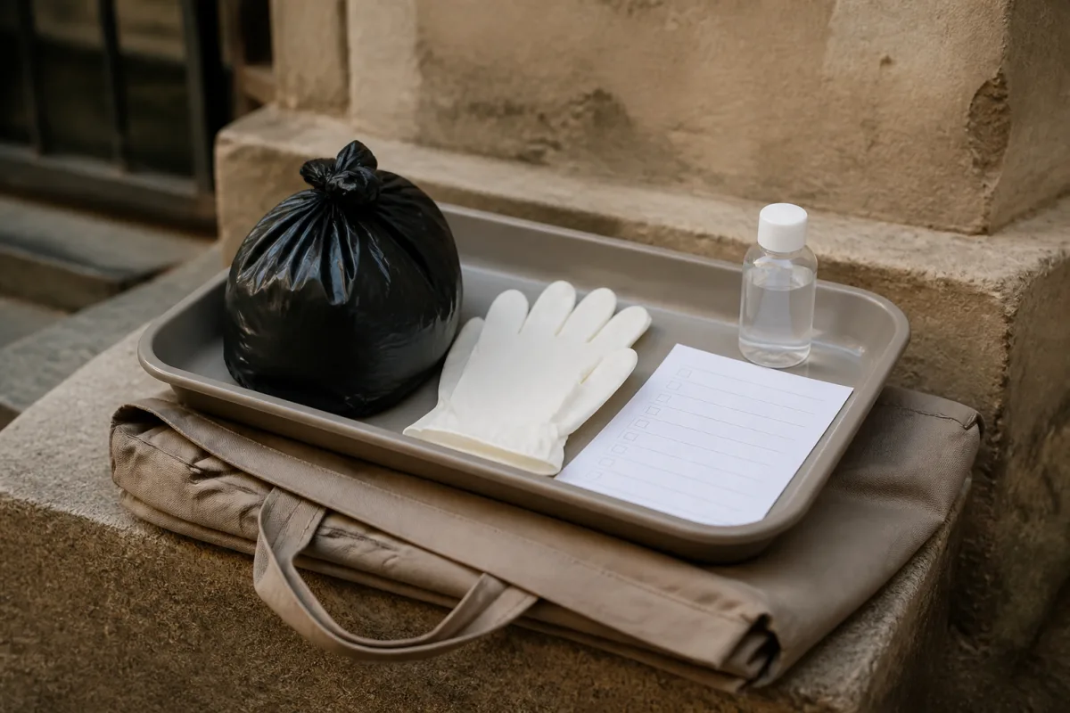 Plateau inox, sac poubelle fermé, gants et feuille de checklist posés ensemble