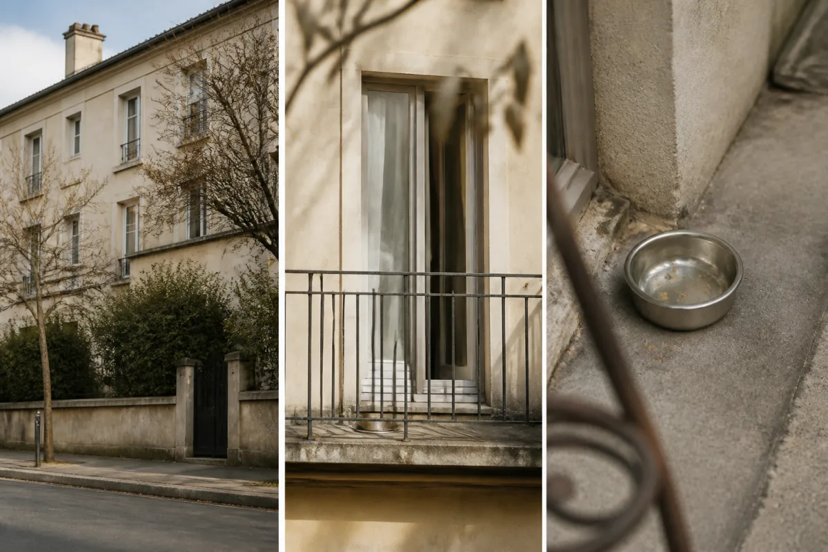 Trois images séquentielles : façade avec repère, accès (balcon/porte), gros plan sur gamelle vide