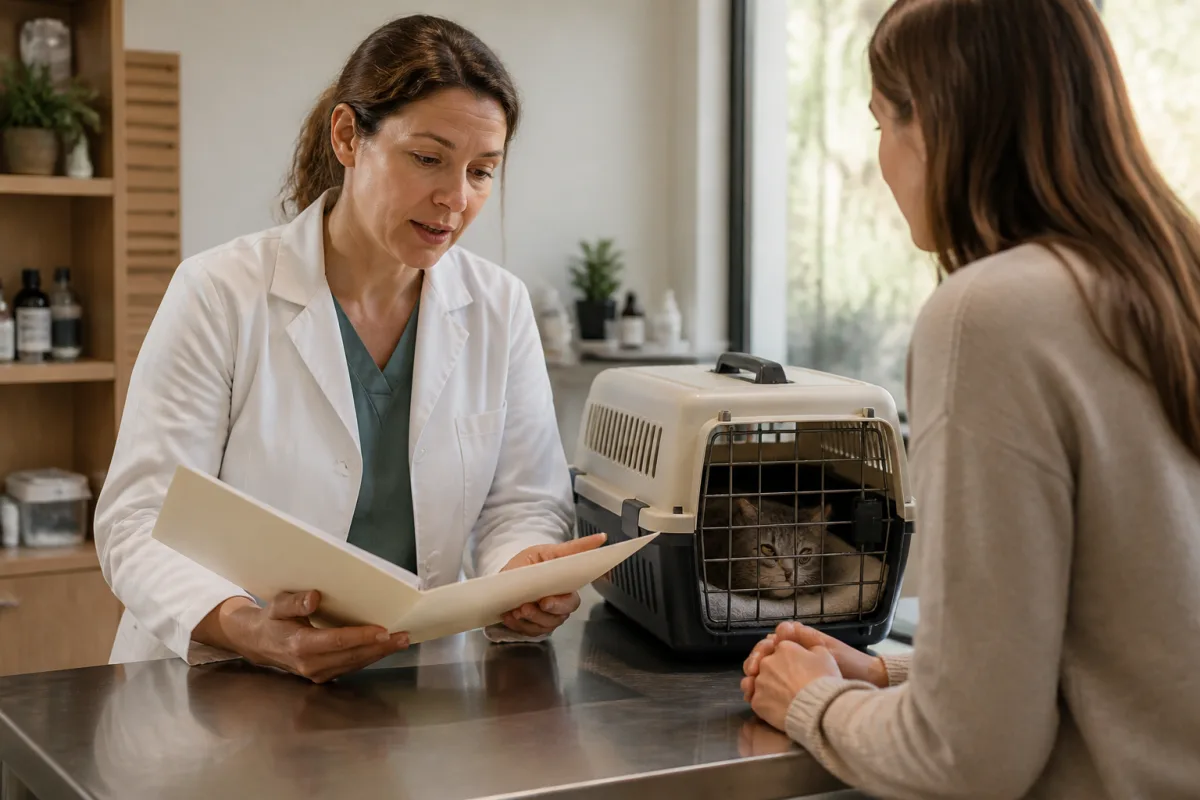 Vétérinaire regardant un dossier patient, un chat dans sa caisse à côté