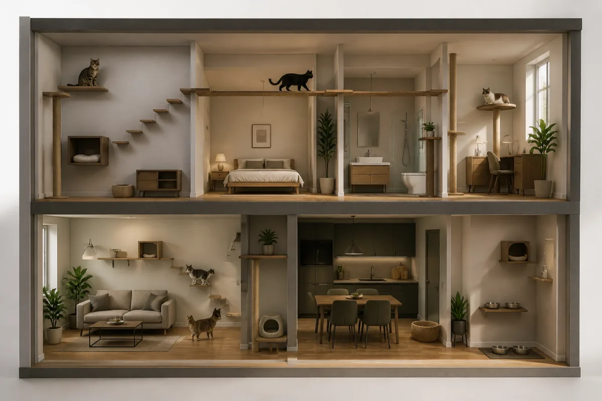 Schéma d’appartement avec plateformes et trajets colorés montrant surface utile