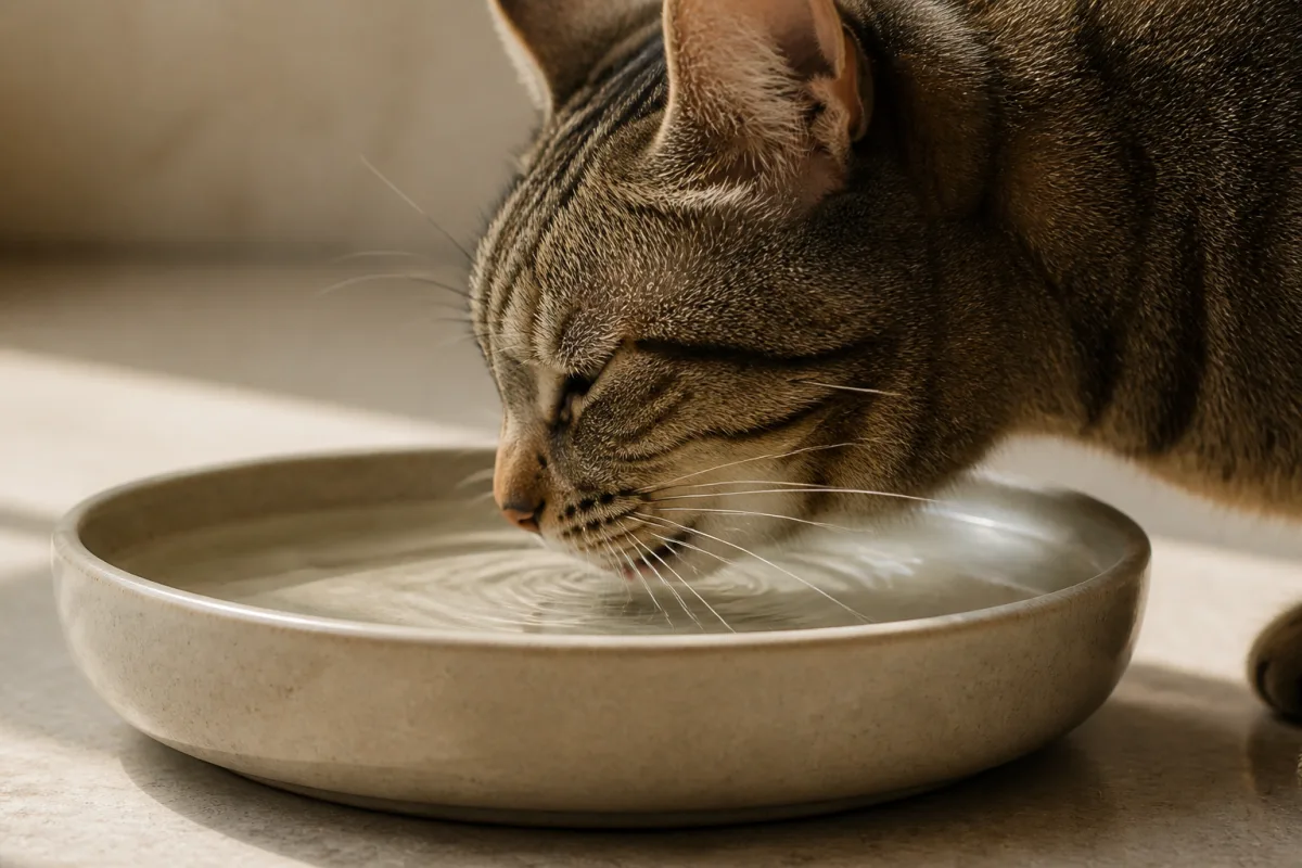 Gros plan profil profil d’un chat buvant à un bol peu profond, vibrisses frôlant le bord