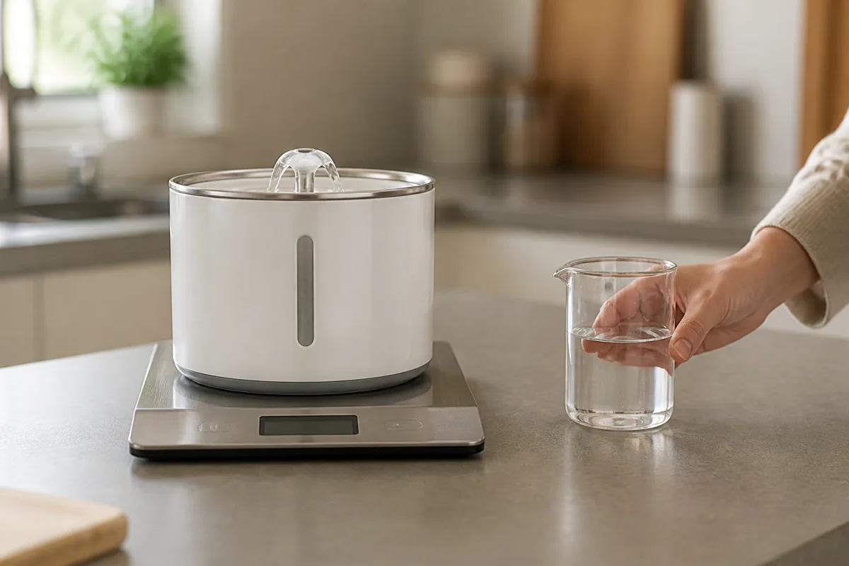 Balance de cuisine pesant une fontaine pour chats, fiole graduée 250 mL à côté