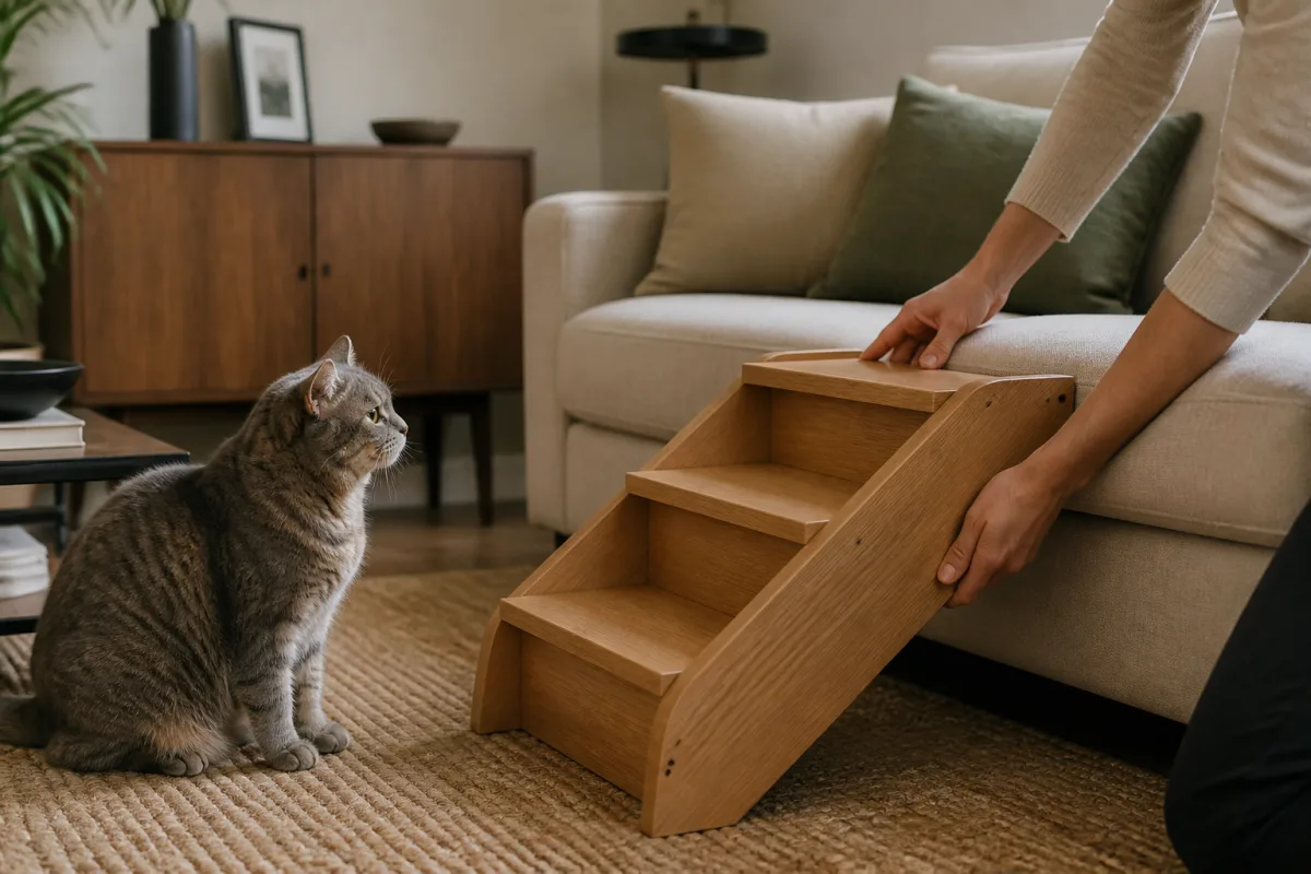Pose d’une marche stable contre un canapé pour faciliter l’accès d’un chat âgé